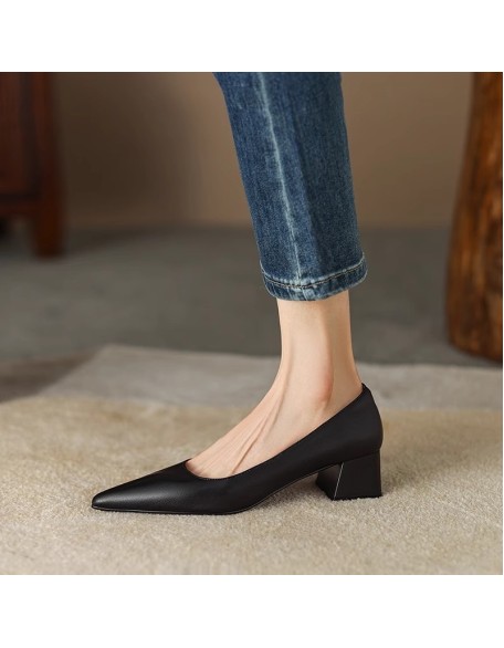 Pointed high heels female thick heeled medium heeled single shoes female shallow mouth black work shoes